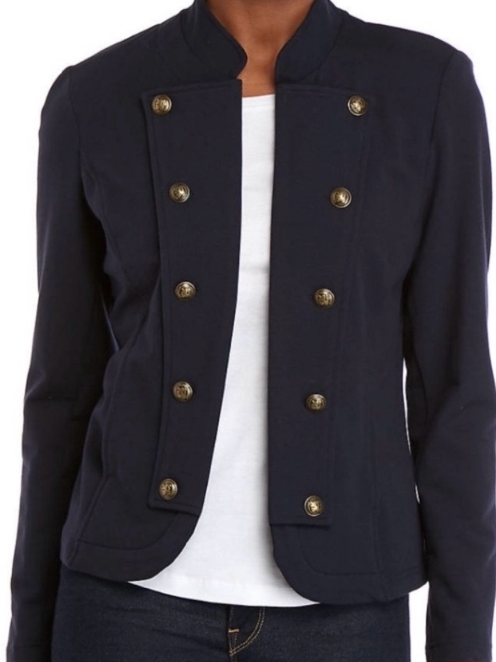 Tommy Hilfiger Band Military-Style Open Front Gold Button Jacket Black L
